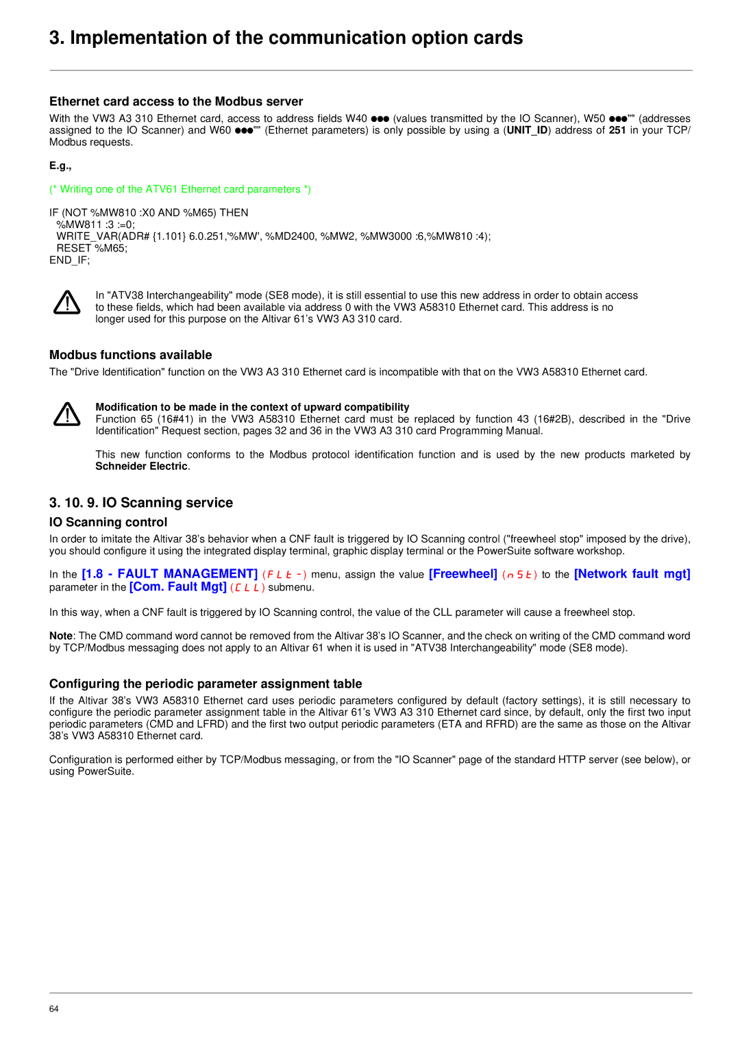 Schneider Electric ATV61 manual IO Scanning service, Ethernet card access to the Modbus server, Modbus functions available 