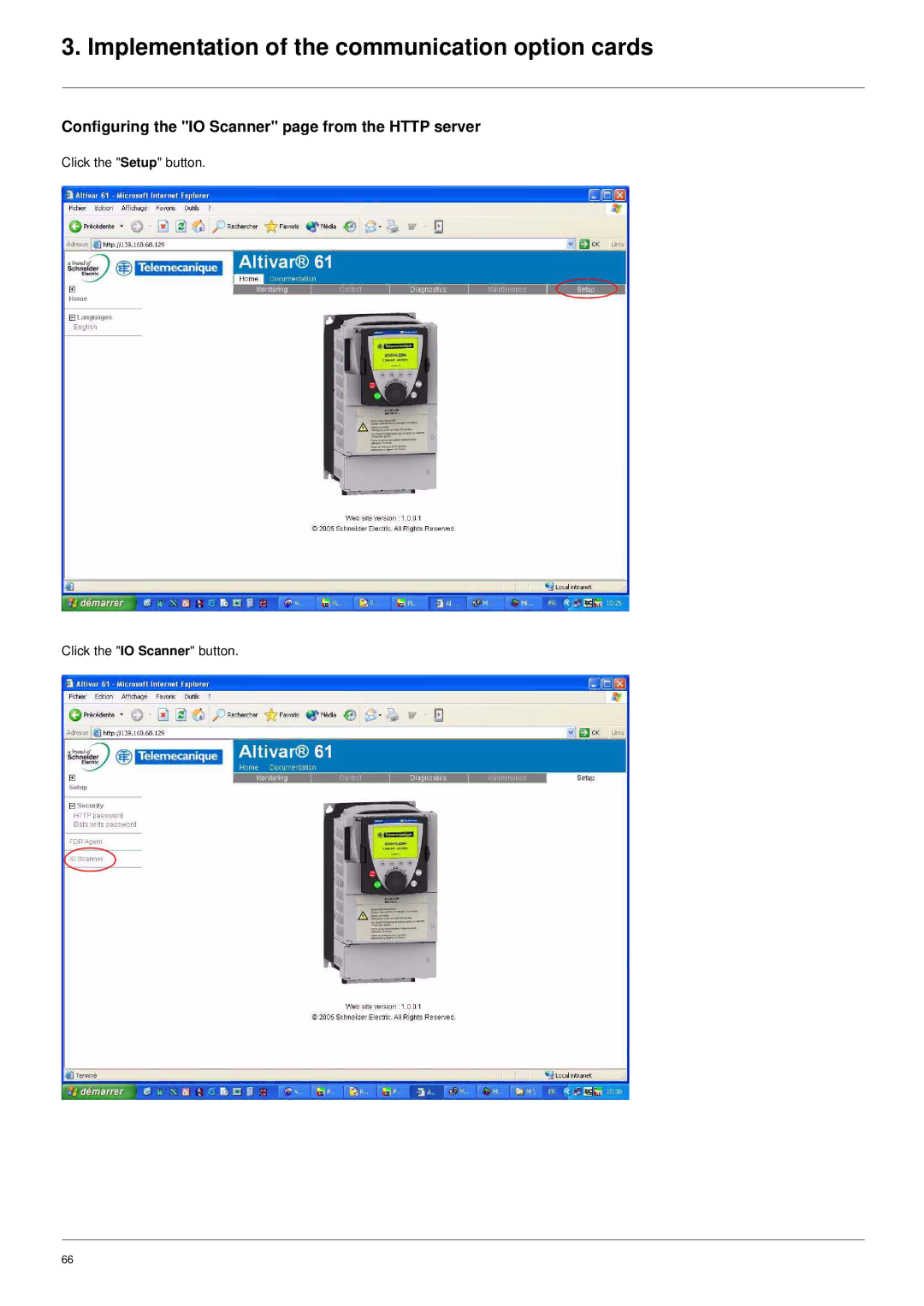 Schneider Electric ATV61 manual Configuring the IO Scanner page from the Http server 