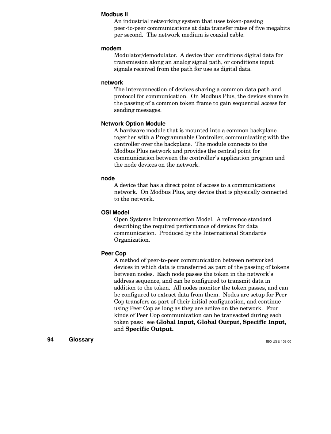 Schneider Electric BM85 manual Modem, Network Option Module, Node, OSI Model, Peer Cop 