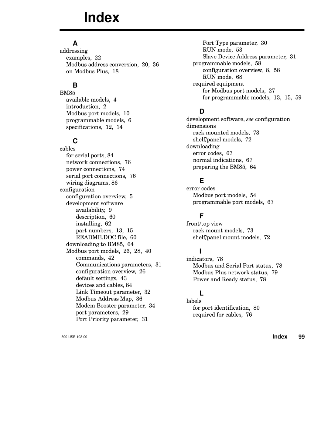 Schneider Electric BM85 manual Index 