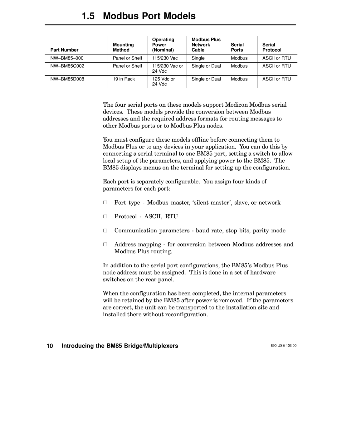 Schneider Electric BM85 manual Modbus Port Models 