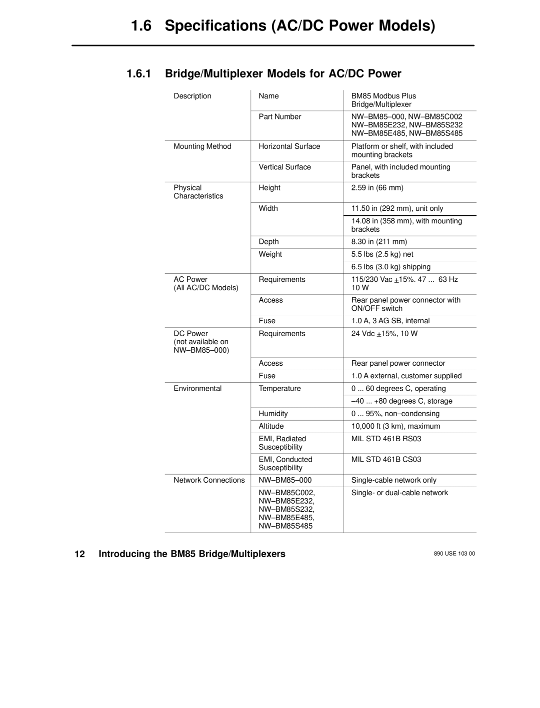 Schneider Electric BM85 manual Specifications AC/DC Power Models, Bridge/Multiplexer Models for AC/DC Power 