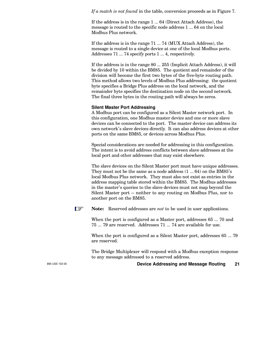 Schneider Electric BM85 manual Silent Master Port Addressing 