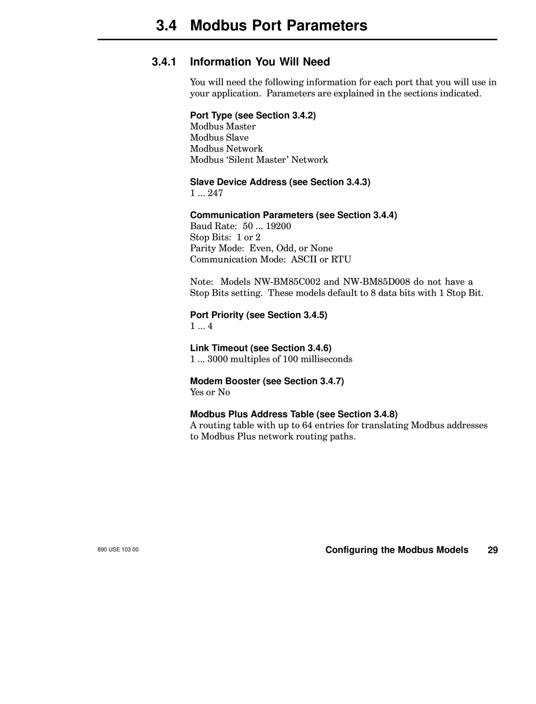 Schneider Electric BM85 manual Modbus Port Parameters, Information You Will Need 