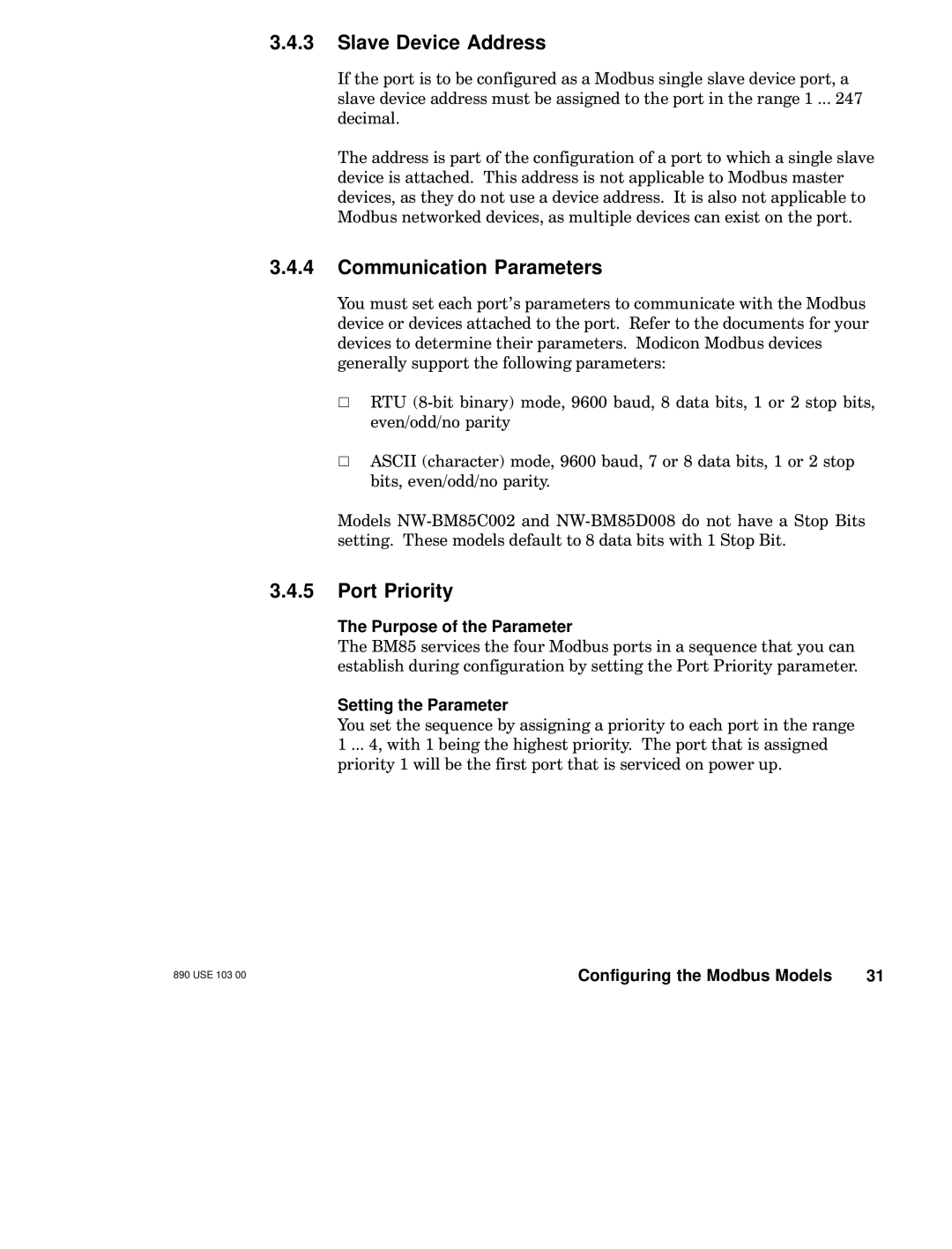 Schneider Electric BM85 manual Slave Device Address, Communication Parameters, Port Priority, Purpose of the Parameter 