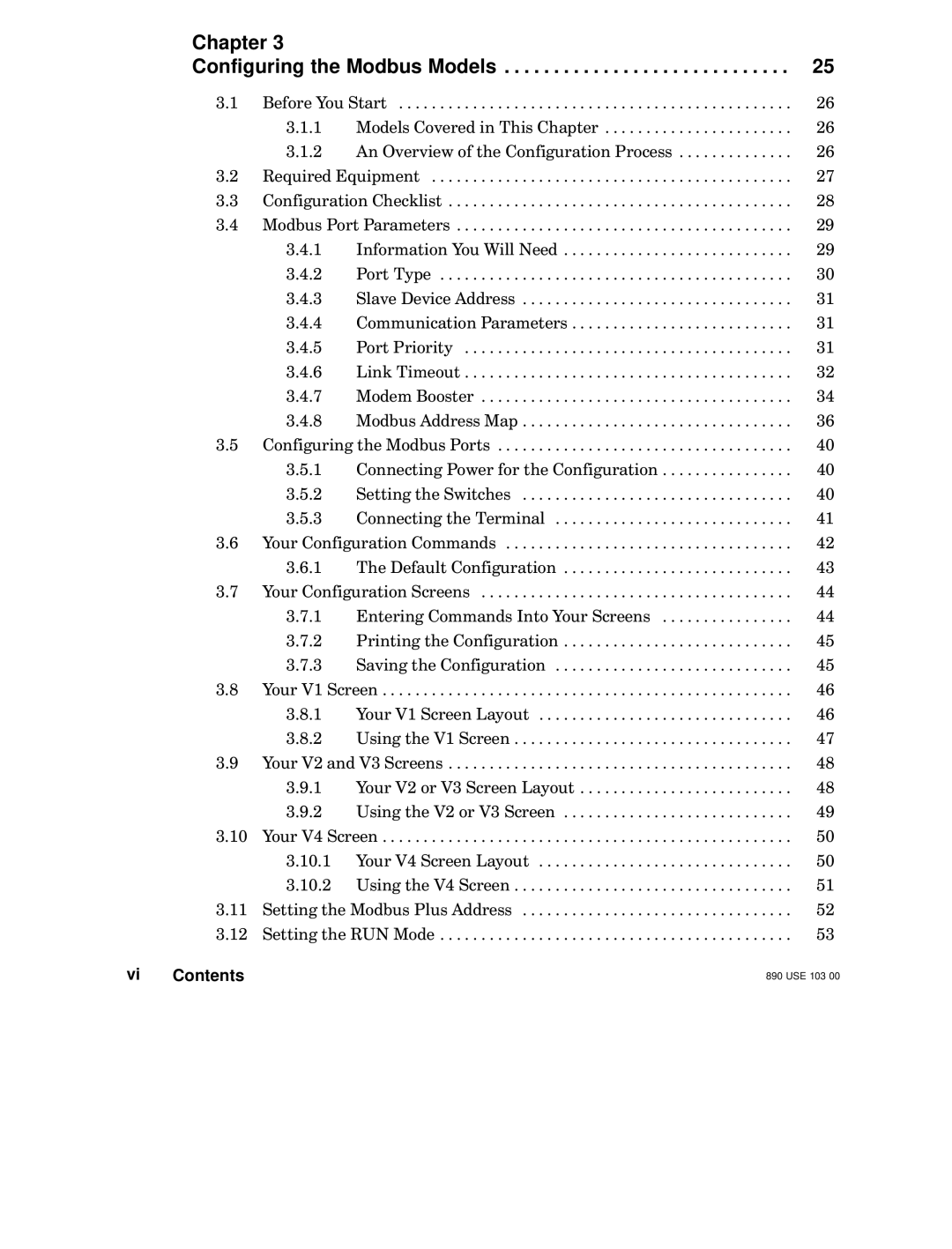 Schneider Electric BM85 manual Chapter Configuring the Modbus Models, Vi Contents 