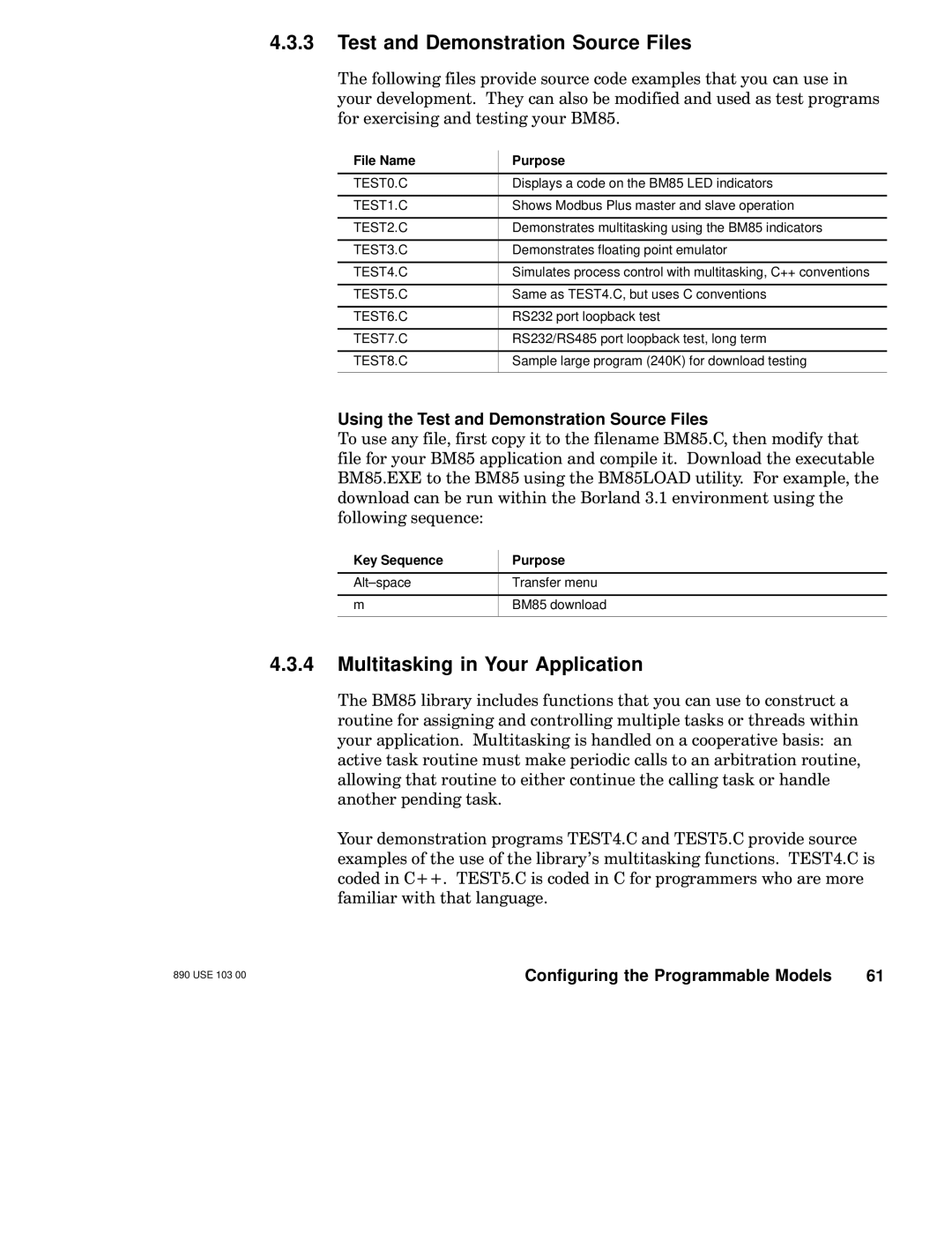 Schneider Electric BM85 manual Test and Demonstration Source Files, Multitasking in Your Application, Key Sequence Purpose 