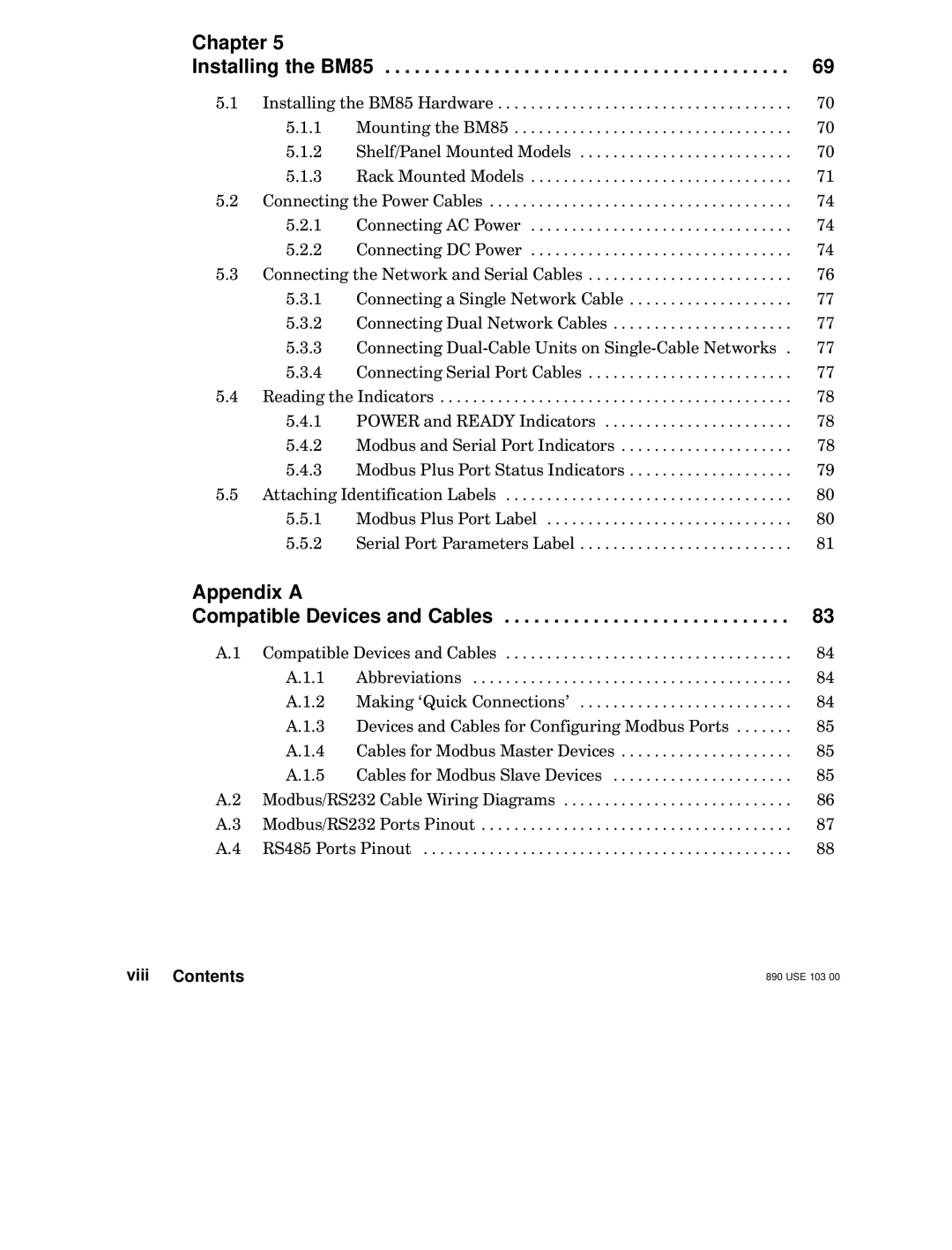 Schneider Electric manual Chapter Installing the BM85, Appendix a Compatible Devices and Cables, Viii Contents 