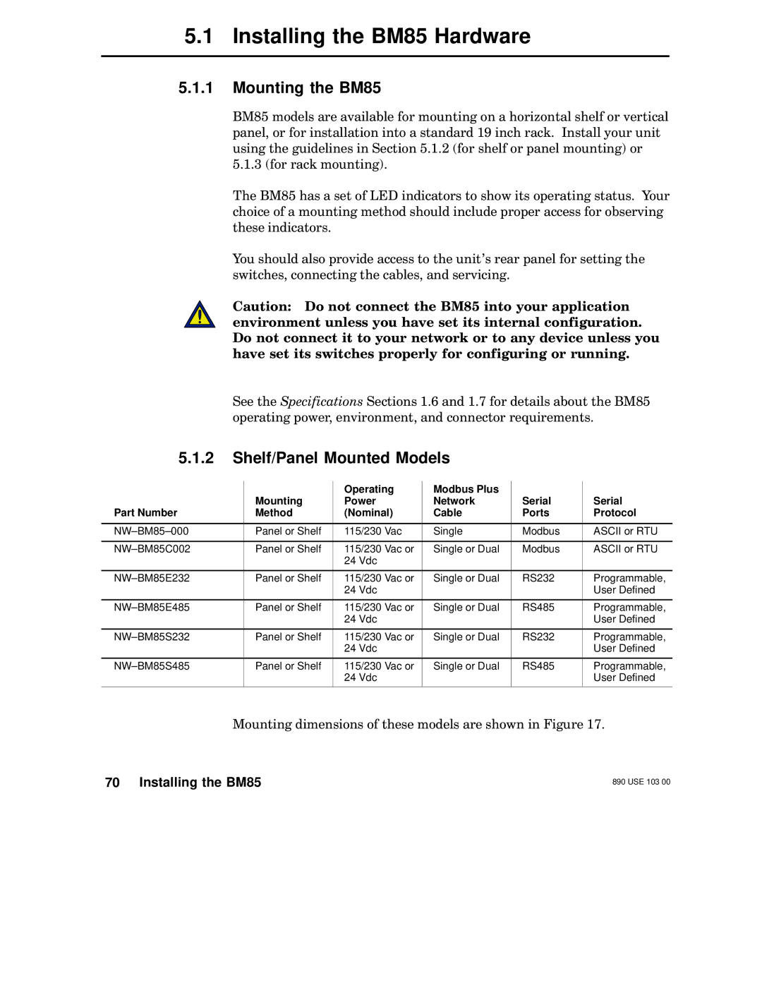 Schneider Electric manual Installing the BM85 Hardware, Mounting the BM85, Shelf/Panel Mounted Models 