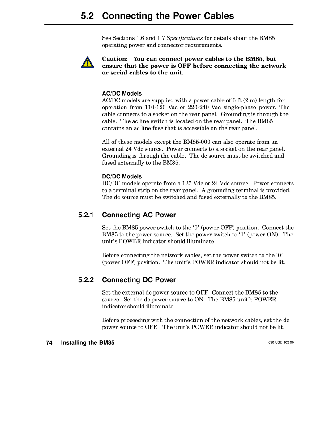 Schneider Electric BM85 manual Connecting the Power Cables, Connecting AC Power, Connecting DC Power 