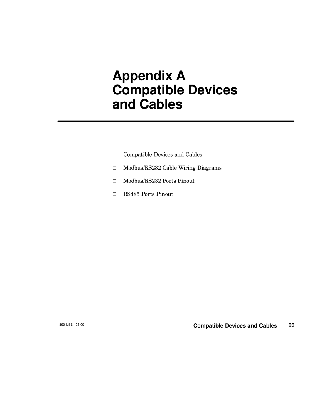 Schneider Electric BM85 manual Appendix a Compatible Devices Cables, Compatible Devices and Cables 