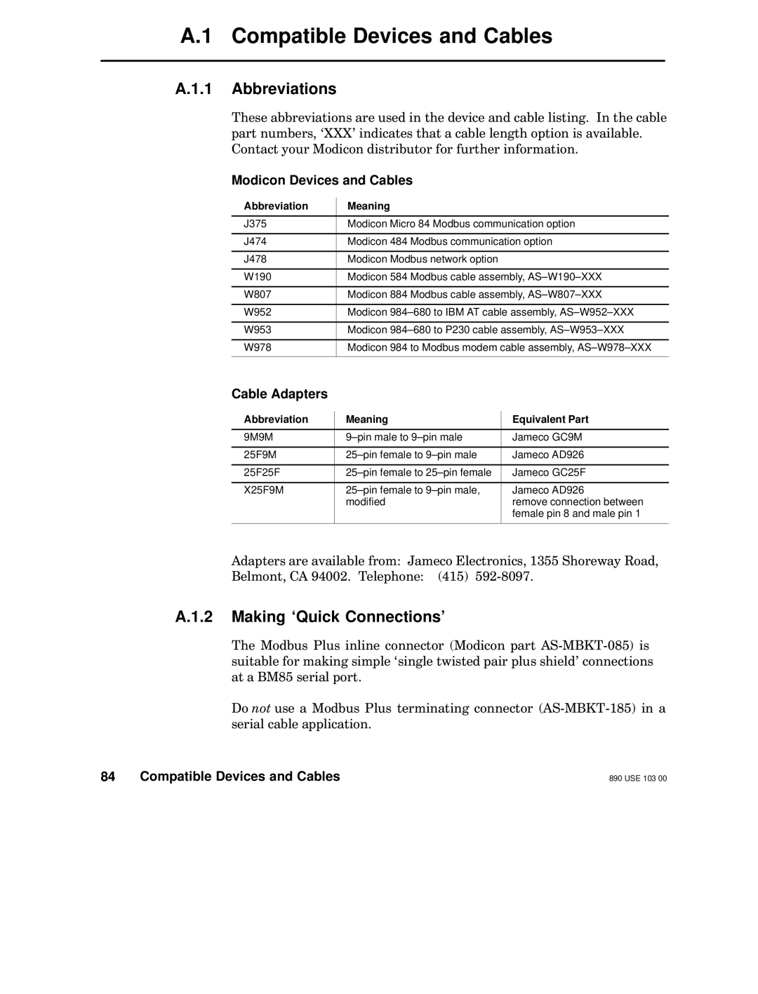 Schneider Electric BM85 manual Compatible Devices and Cables, Abbreviations, Making `Quick Connections, Cable Adapters 