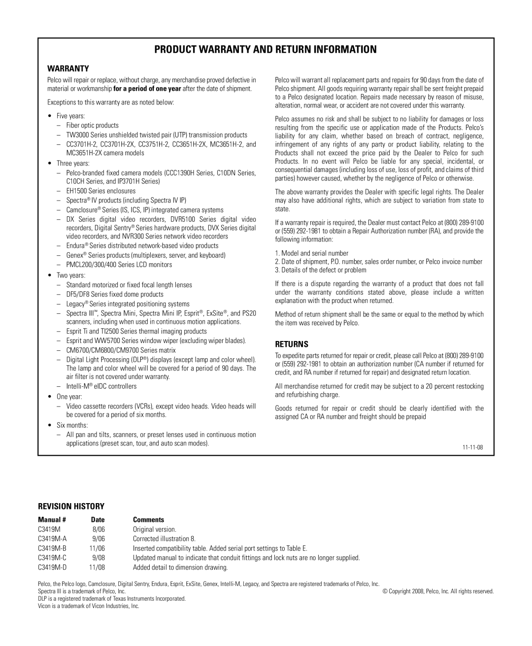 Schneider Electric C3419M-D (11/08) manual Product Warranty and Return Information 