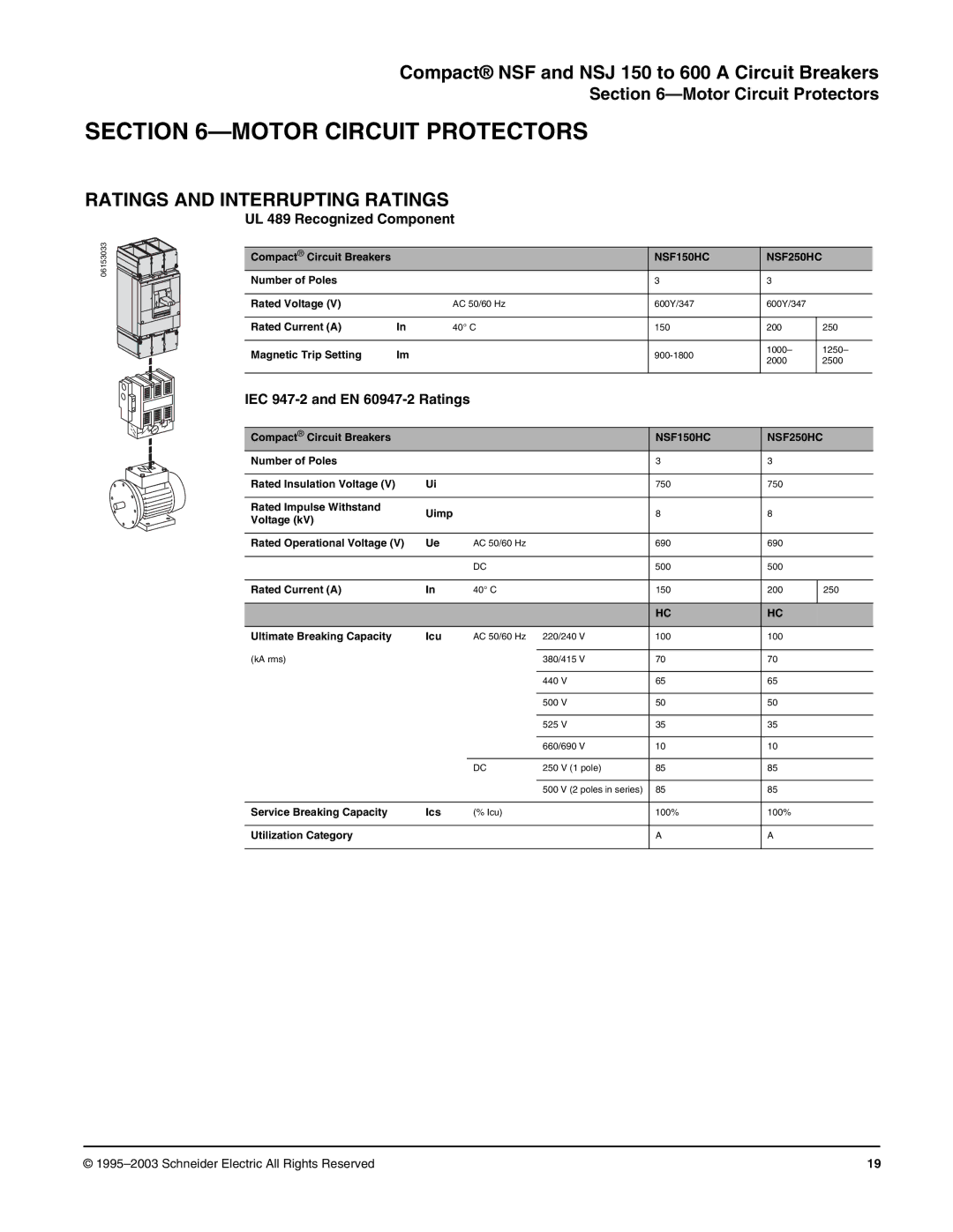 Schneider Electric Class 615 dimensions Motor Circuit Protectors, UL 489 Recognized Component, NSF150HC NSF250HC 