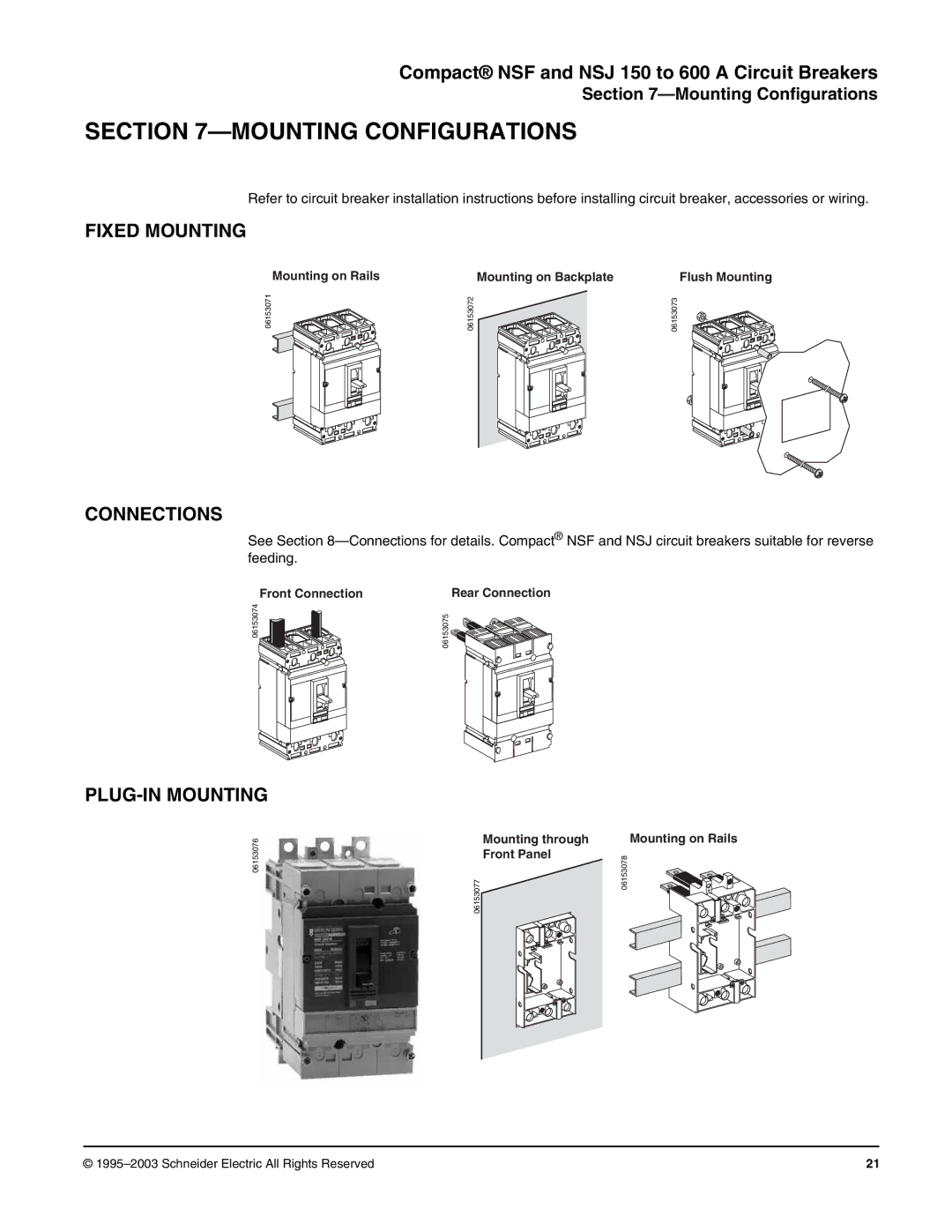 Schneider Electric Class 615 dimensions Mounting Configurations, Fixed Mounting, Connections, PLUG-IN Mounting 