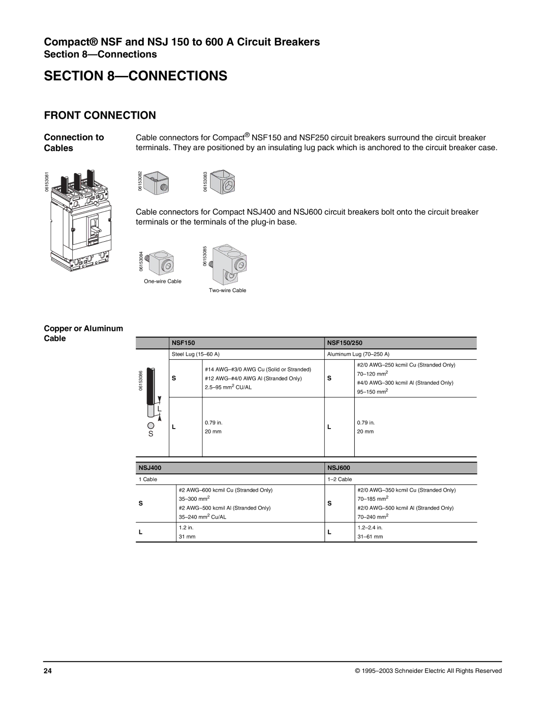 Schneider Electric Class 615 dimensions Connections, Front Connection, Connection to Cables, Copper or Aluminum Cable 