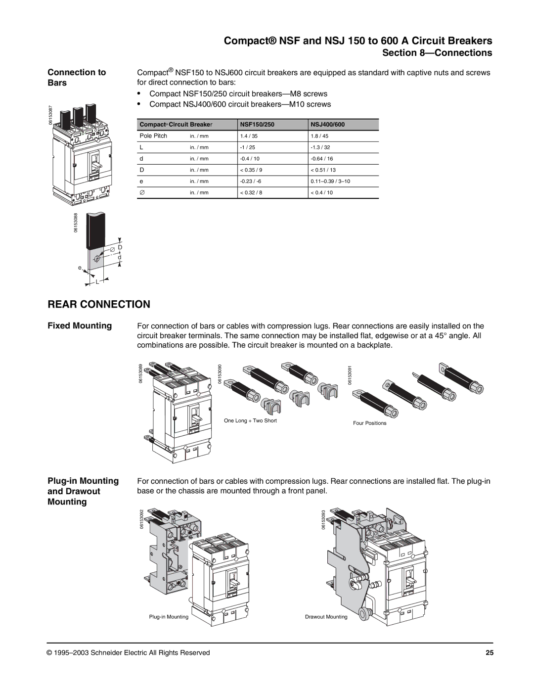 Schneider Electric Class 615 dimensions Rear Connection, Connection to Bars, Plug-in Mounting Drawout 