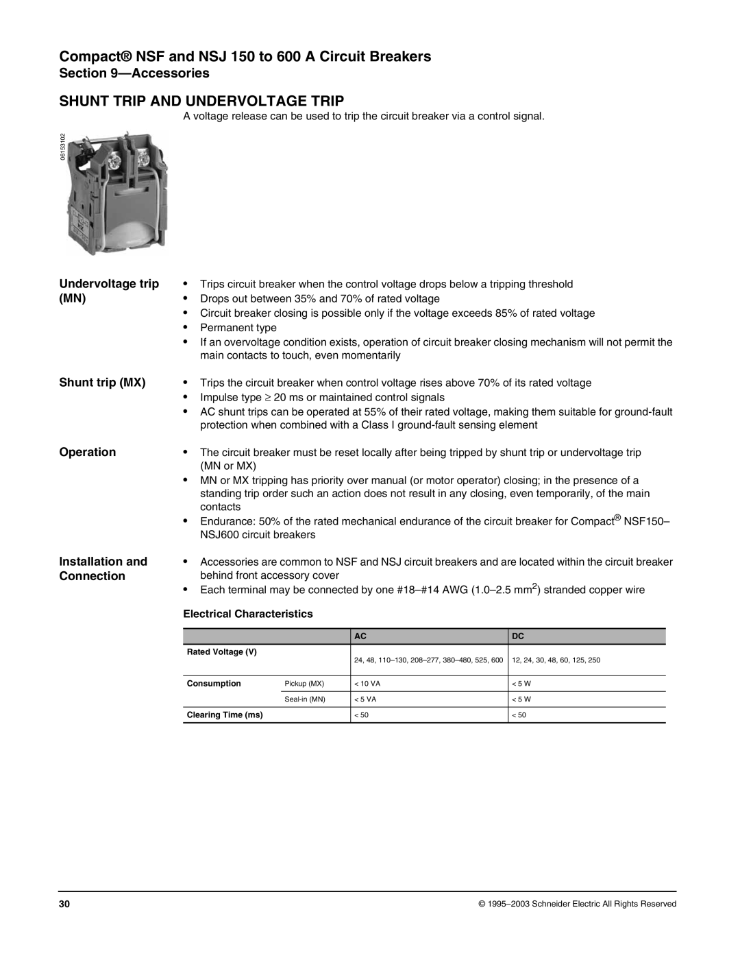 Schneider Electric Class 615 Shunt Trip and Undervoltage Trip, Undervoltage trip, Shunt trip MX, Operation, Connection 