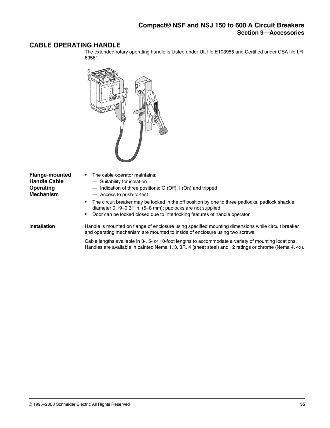 Schneider Electric Class 615 dimensions Cable Operating Handle, Flange-mounted, Handle Cable, Mechanism 