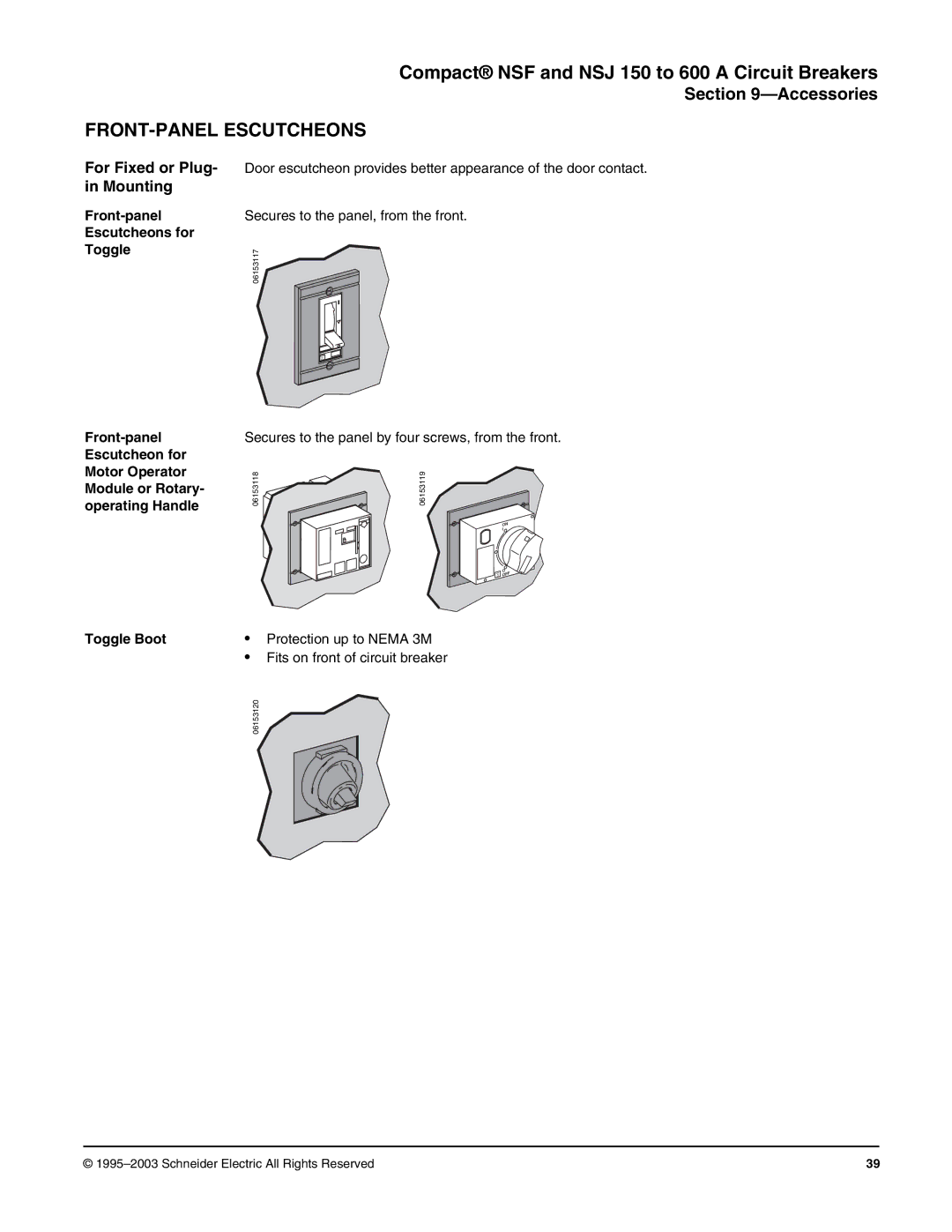 Schneider Electric Class 615 FRONT-PANEL Escutcheons, For Fixed or Plug- in Mounting, Front-panel Escutcheons for Toggle 