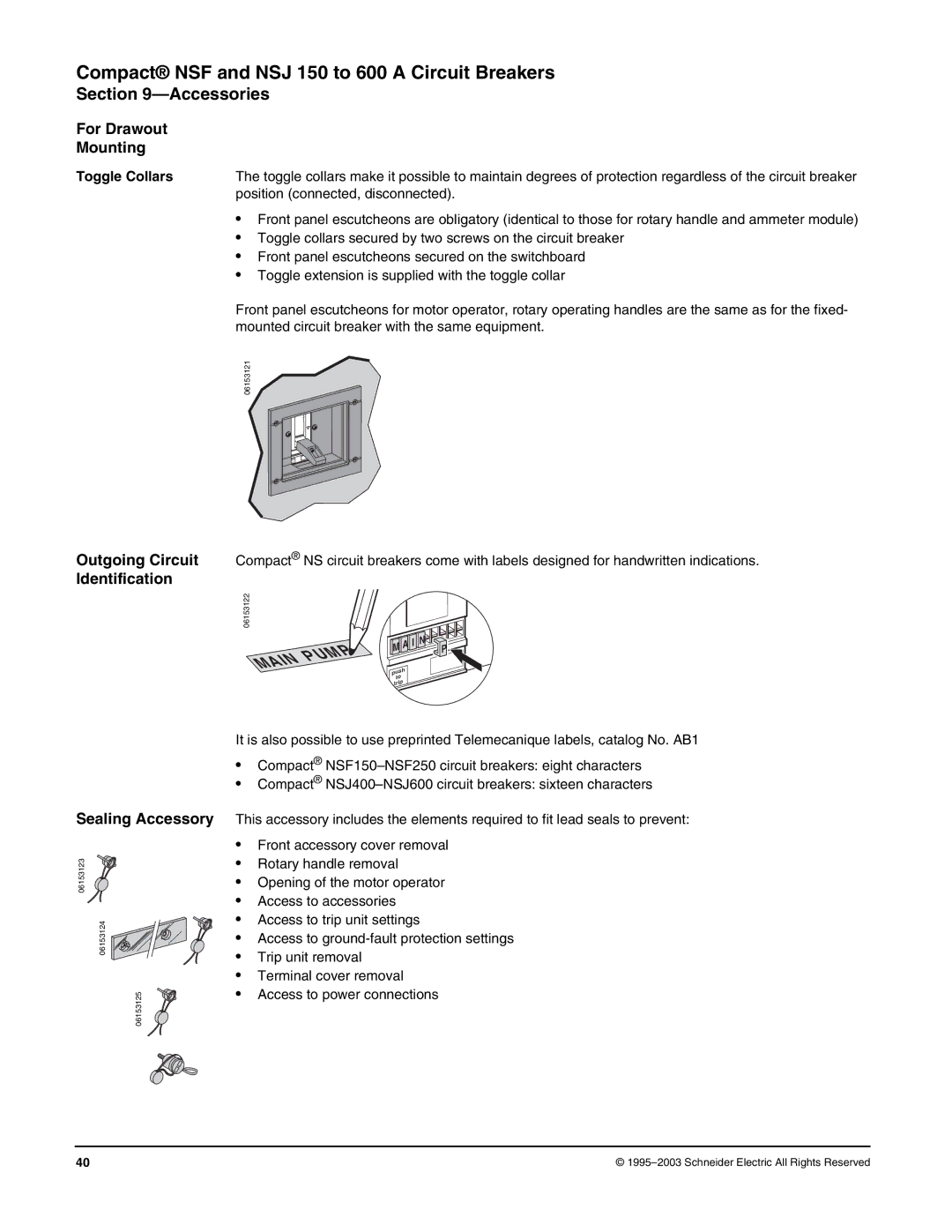 Schneider Electric Class 615 dimensions For Drawout Mounting, Identification, Sealing Accessory, Toggle Collars 