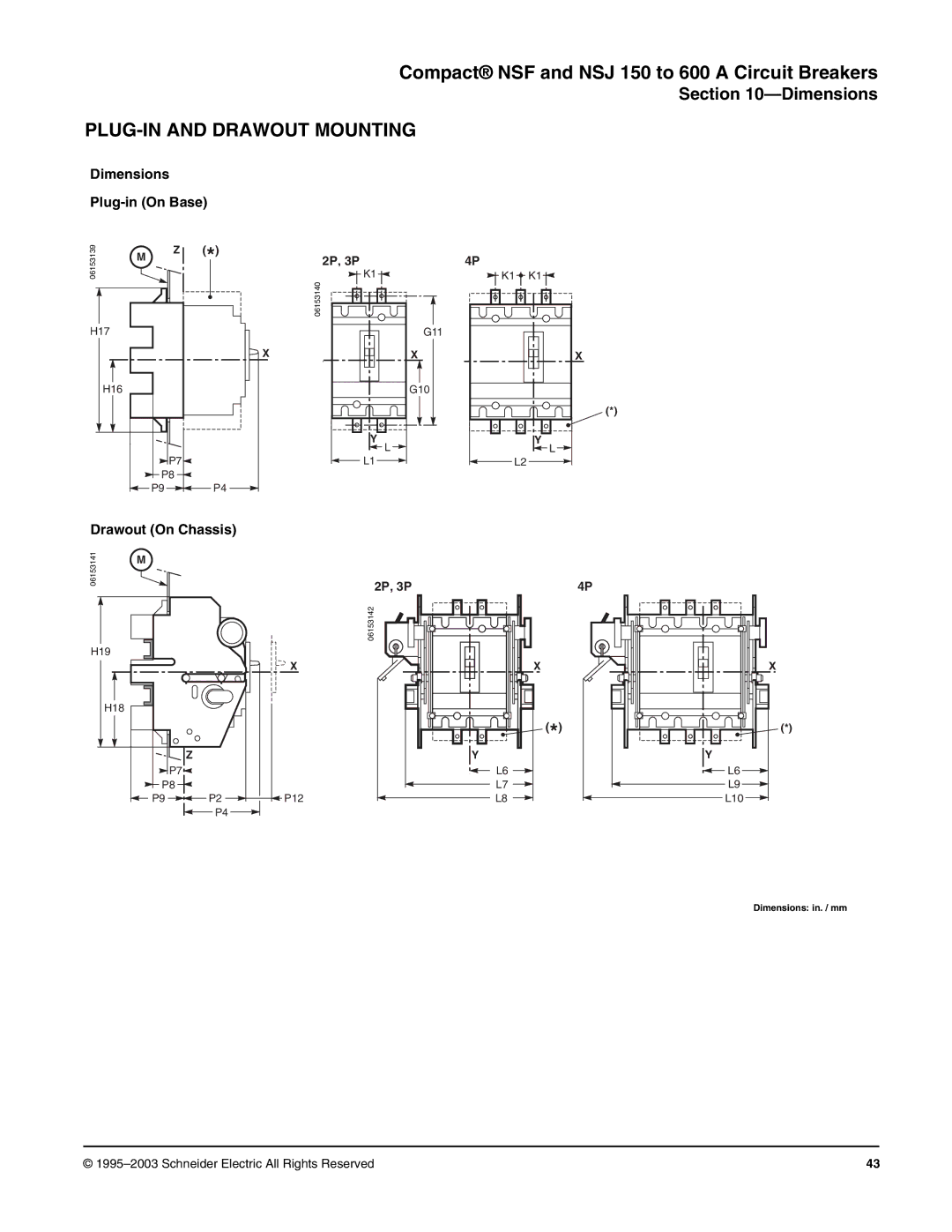 Schneider Electric Class 615 dimensions PLUG-IN and Drawout Mounting, Dimensions Plug-in On Base, Drawout On Chassis 