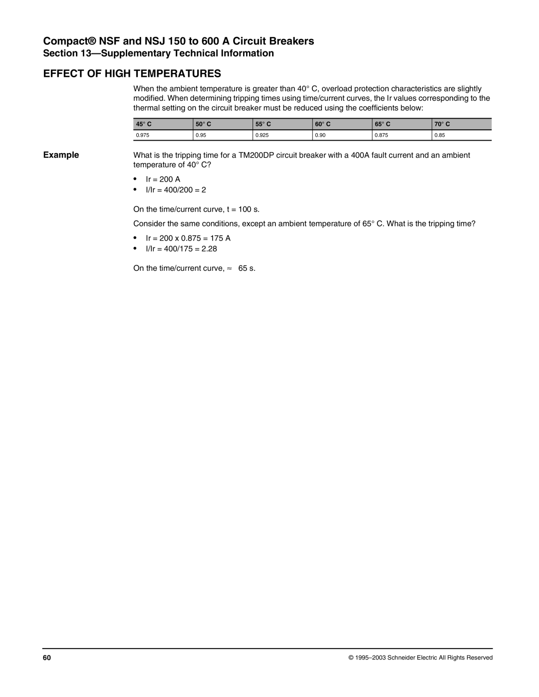 Schneider Electric Class 615 dimensions Effect of High Temperatures, Example, 45 C 50 C 55 C 60 C 65 C 70 C 