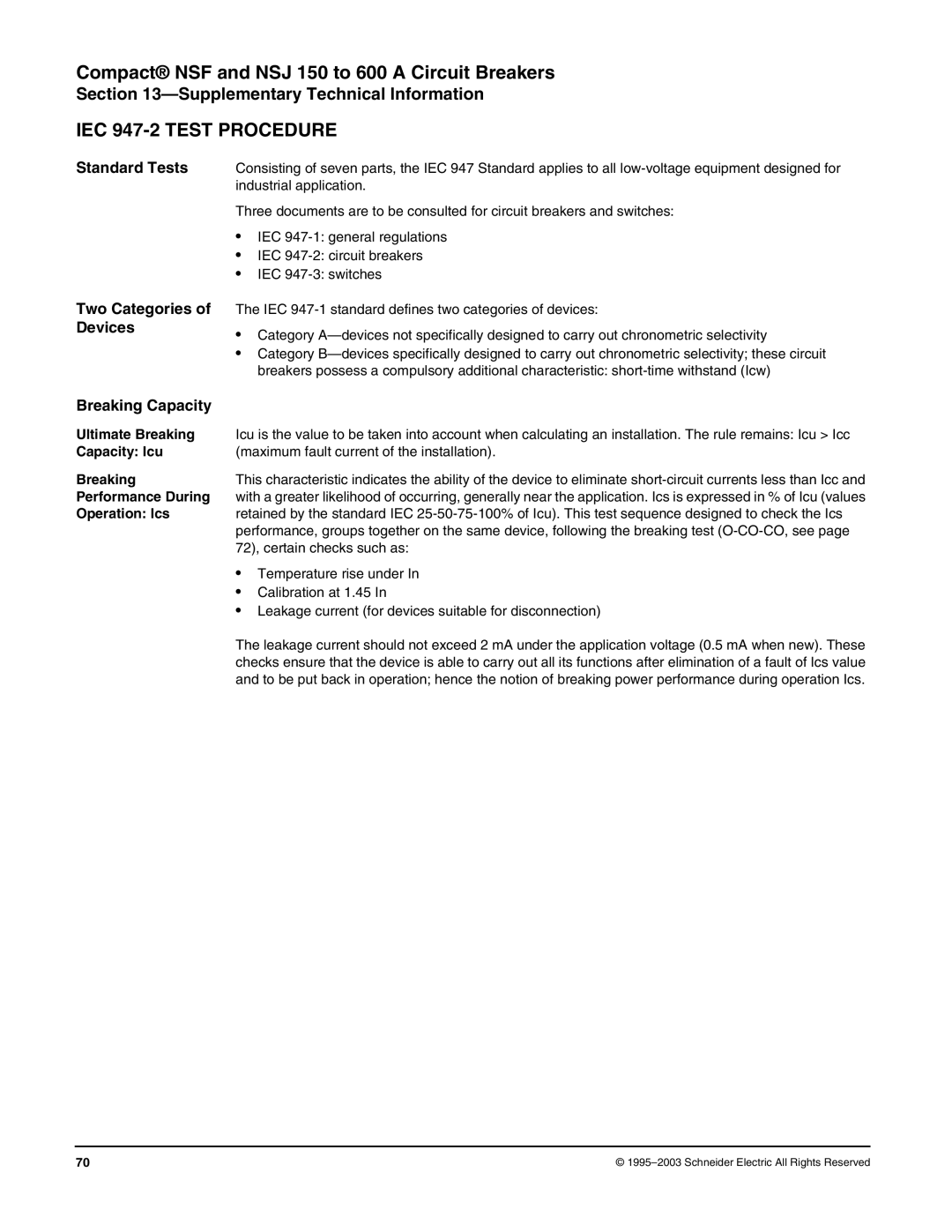 Schneider Electric Class 615 dimensions IEC 947-2 Test Procedure, Two Categories of Devices Breaking Capacity 