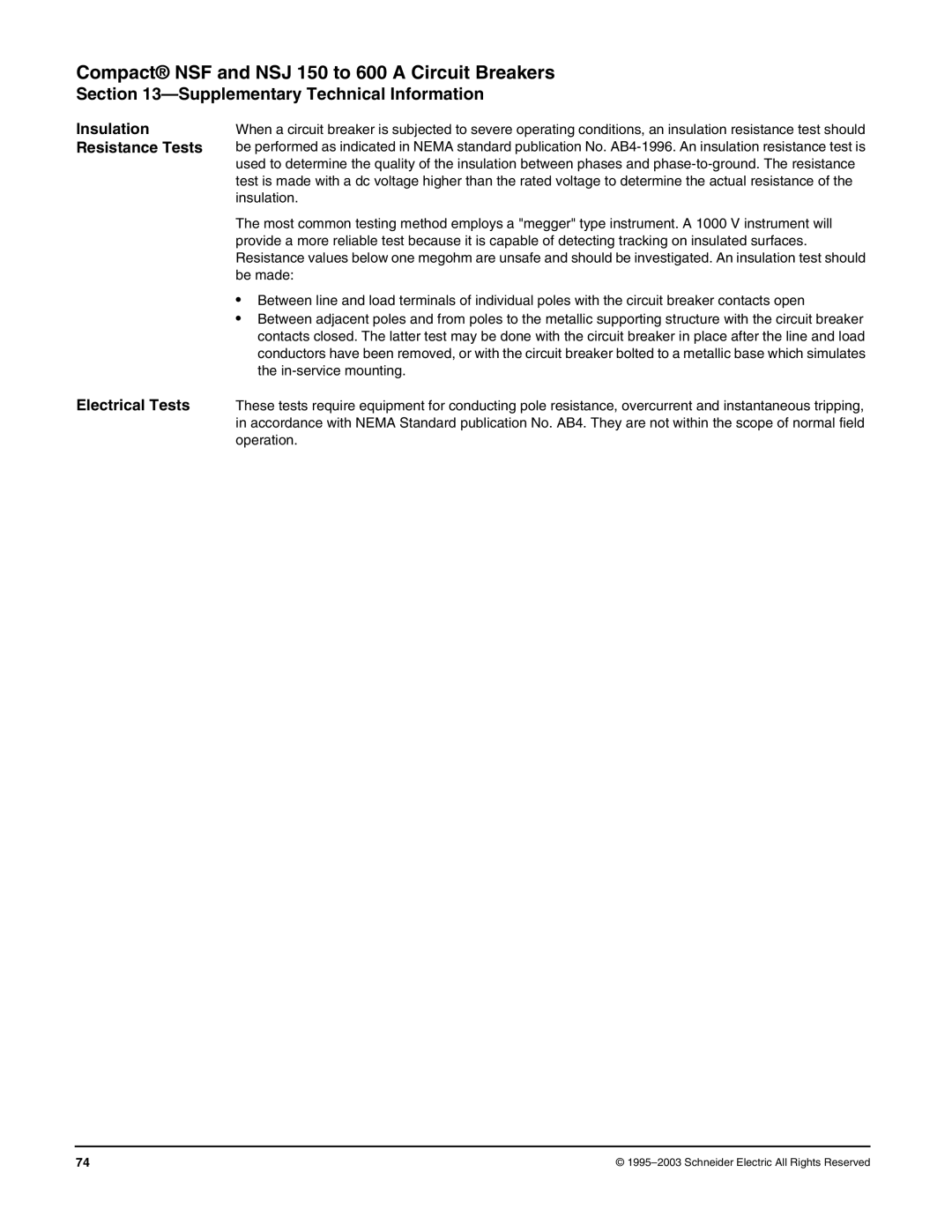 Schneider Electric Class 615 dimensions Insulation Resistance Tests 