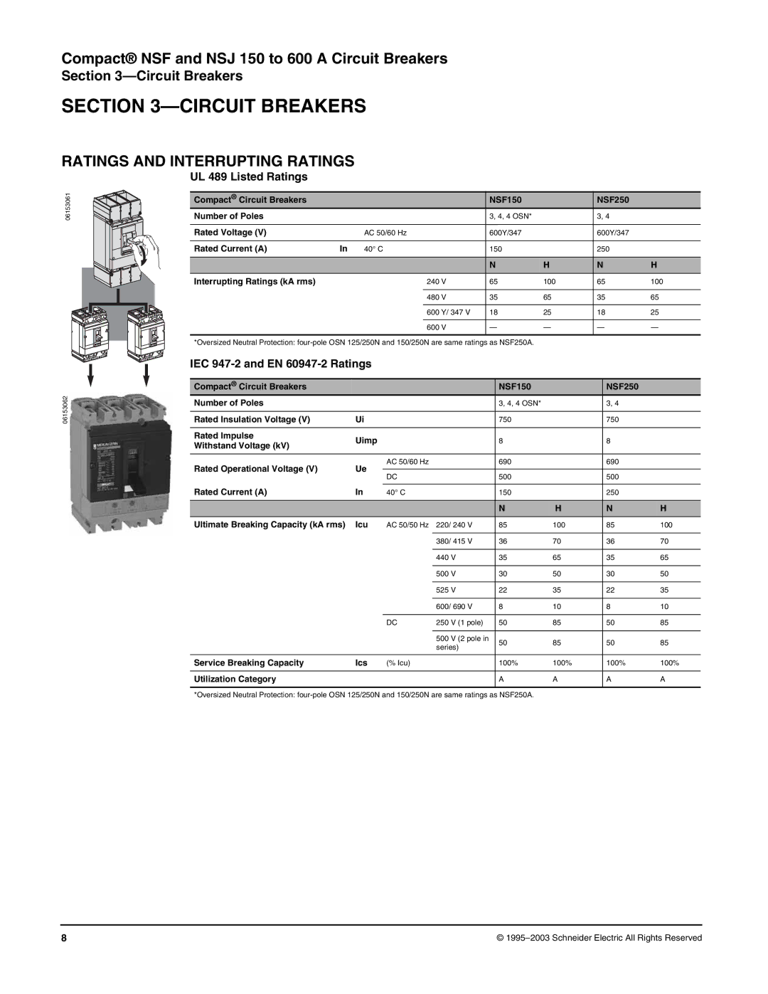 Schneider Electric Class 615 dimensions Circuit Breakers, Ratings and Interrupting Ratings, UL 489 Listed Ratings 