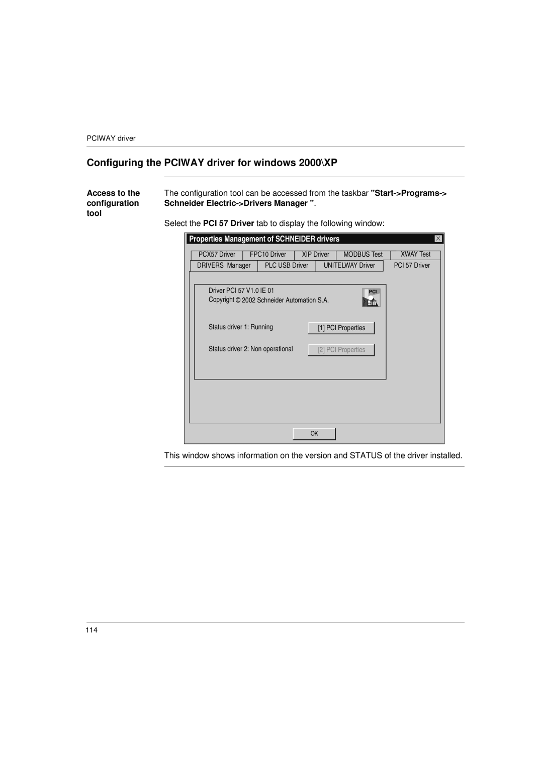 Schneider Electric Communication Drivers installation manual Configuring the Pciway driver for windows 2000\XP 