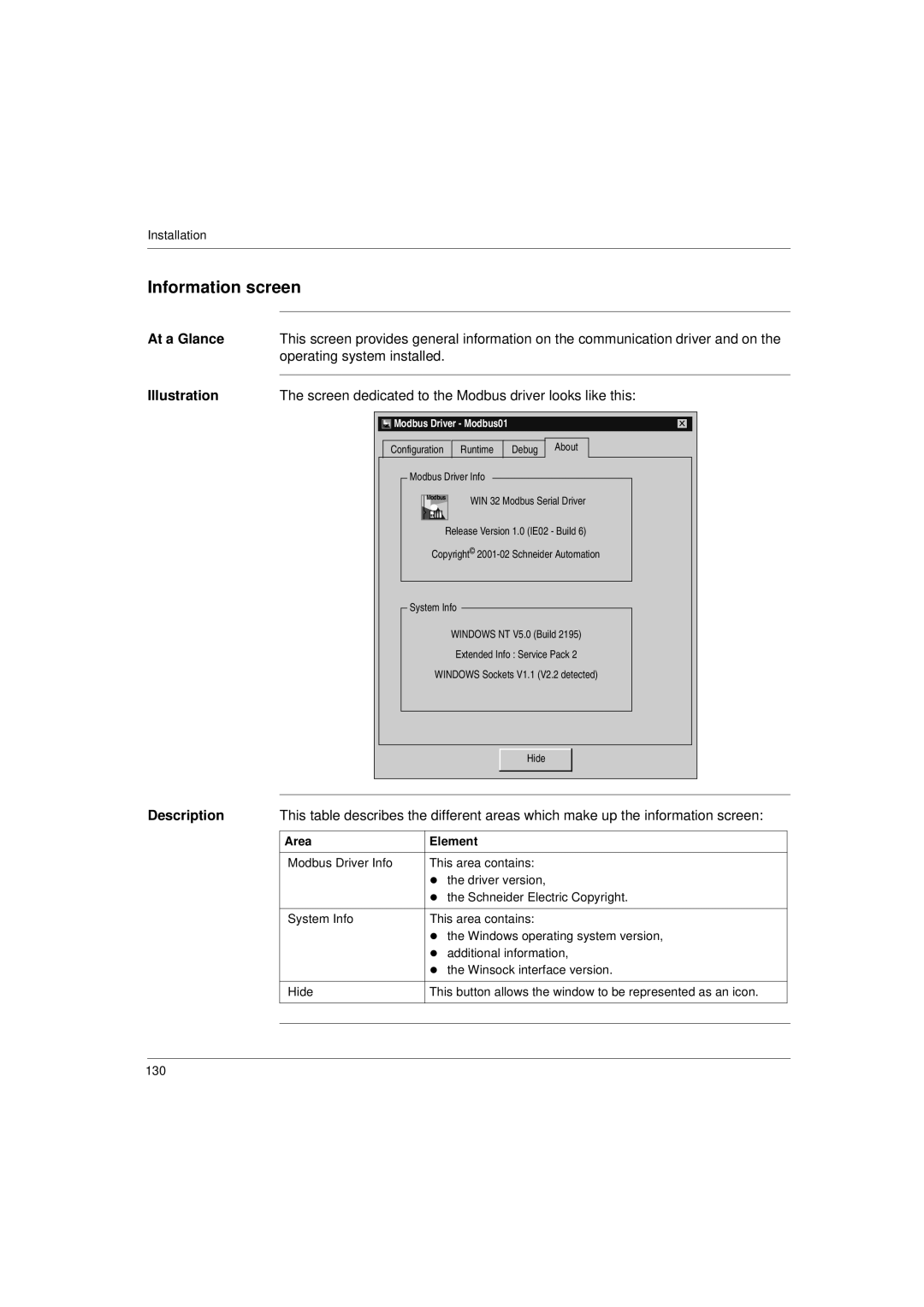 Schneider Electric Communication Drivers installation manual Information screen, Modbus Driver Modbus01 