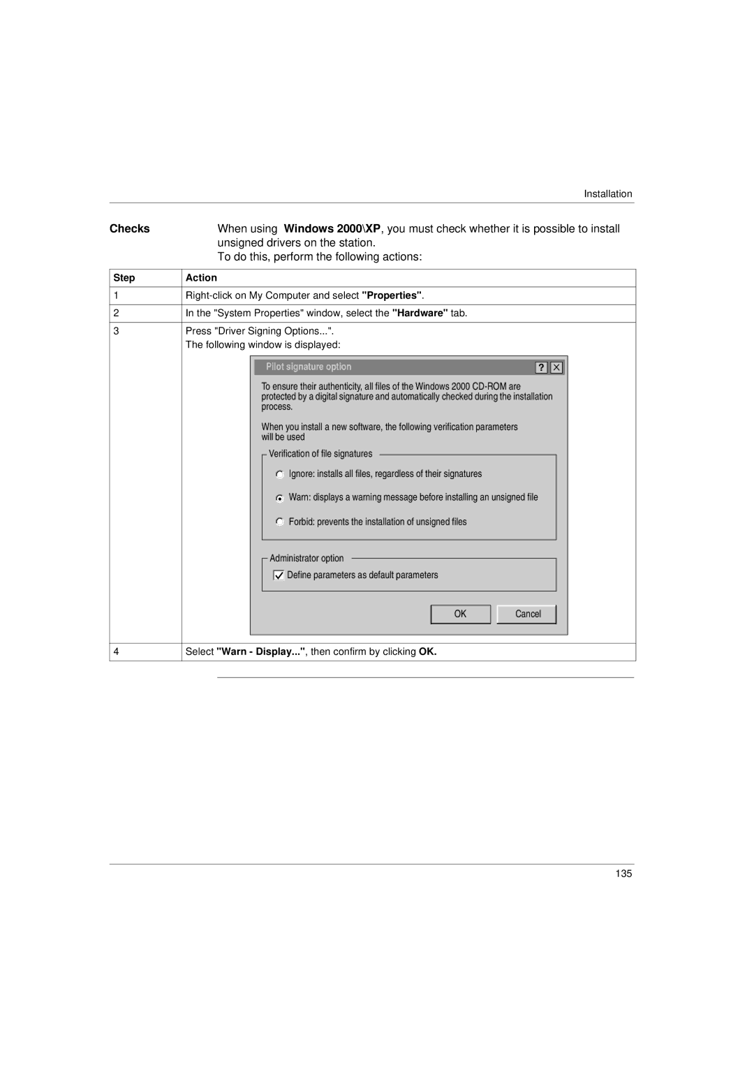 Schneider Electric Communication Drivers installation manual Checks, Pilot signature option 