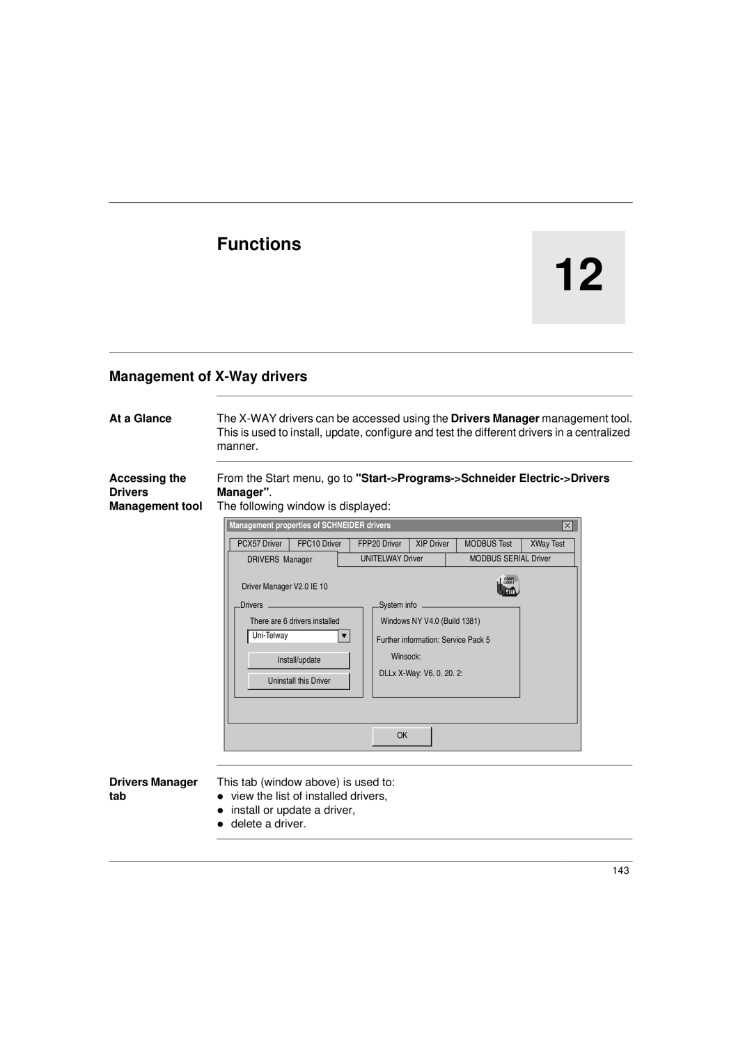 Schneider Electric Communication Drivers installation manual Functions, Management of X-Way drivers, Drivers Manager, Tab 