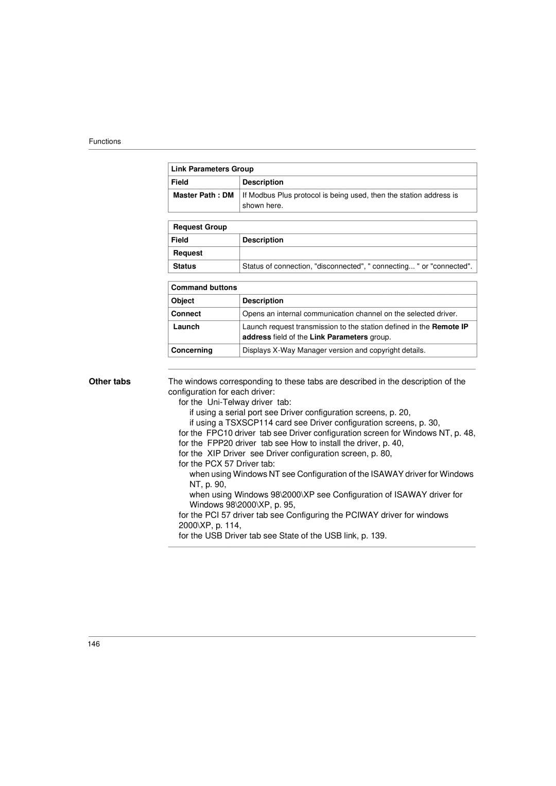 Schneider Electric Communication Drivers installation manual Other tabs, For the PCX 57 Driver tab 