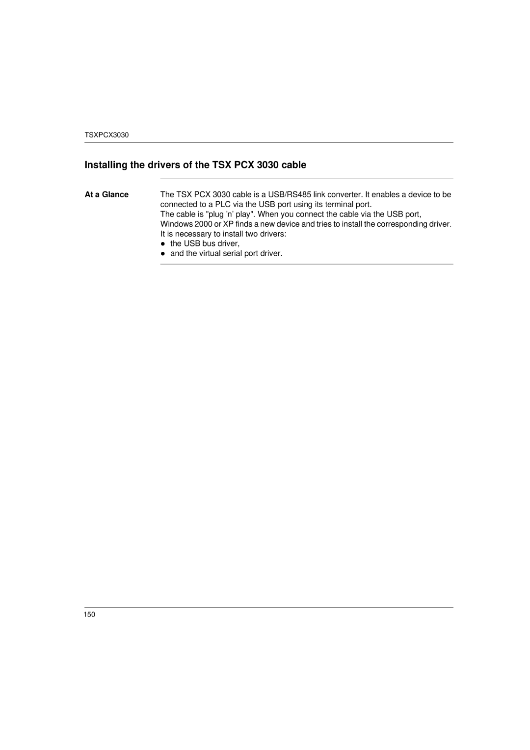 Schneider Electric Communication Drivers Installing the drivers of the TSX PCX 3030 cable, USB bus driver 