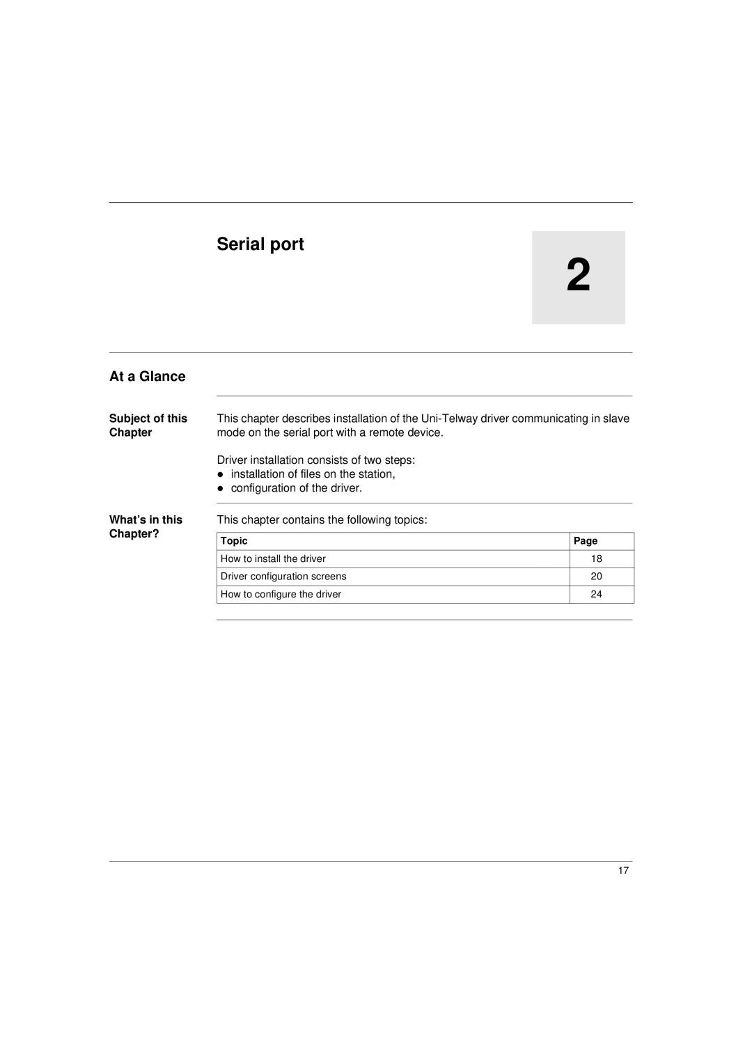 Schneider Electric Communication Drivers installation manual Serial port, Subject of this Chapter What’s in this Chapter? 