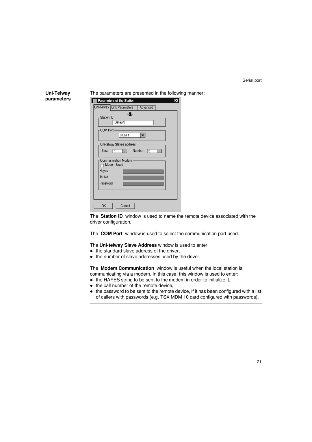 Schneider Electric Communication Drivers Uni-Telway parameters, Parameters are presented in the following manner 