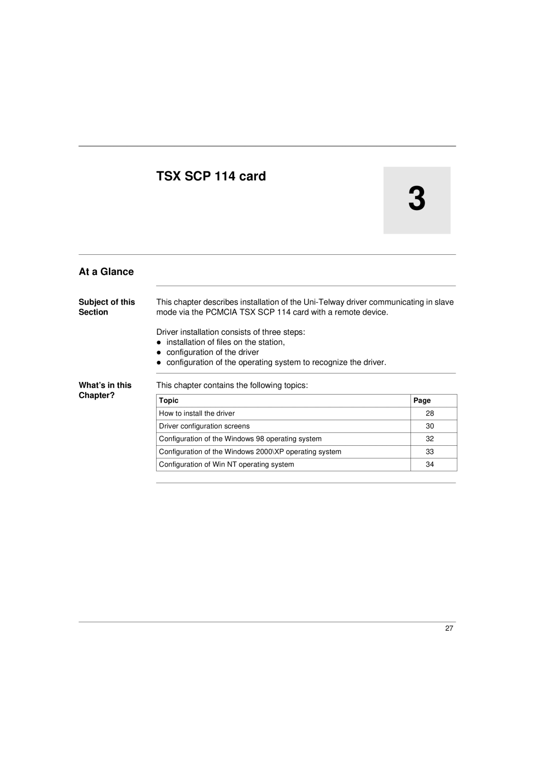 Schneider Electric Communication Drivers installation manual TSX SCP 114 card, Section, Chapter? 