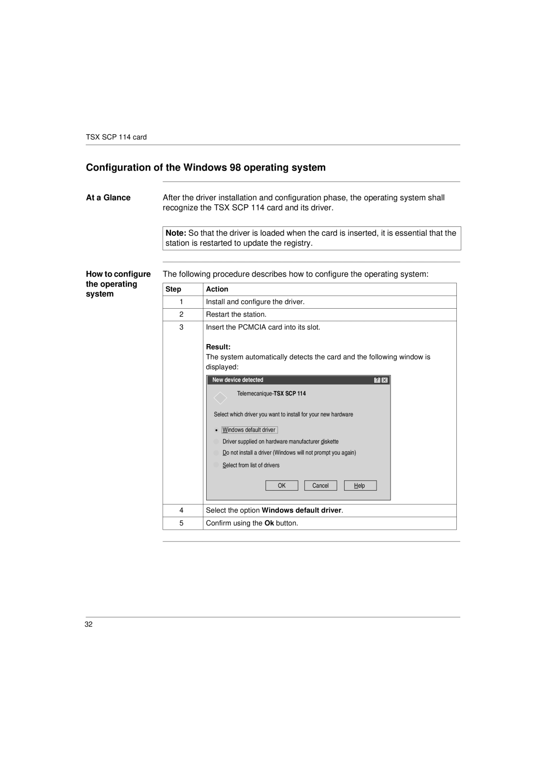 Schneider Electric Communication Drivers Configuration of the Windows 98 operating system, Result, New device detected 