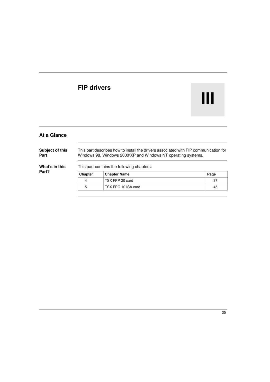 Schneider Electric Communication Drivers installation manual Iii, FIP drivers 