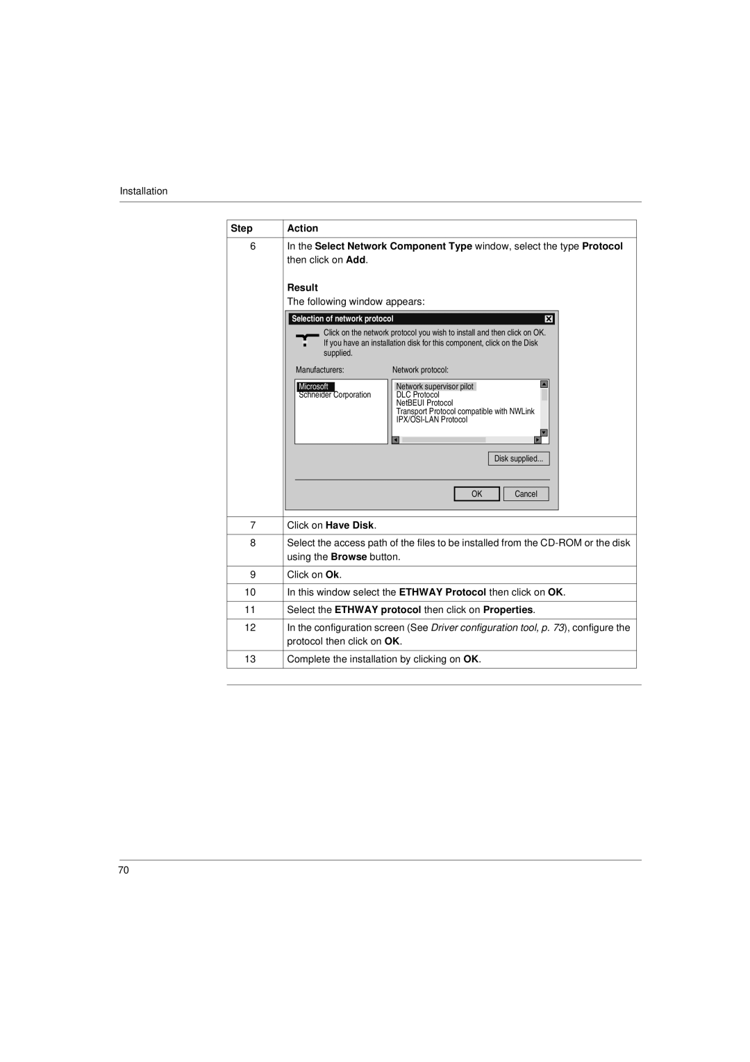 Schneider Electric Communication Drivers installation manual Selection of network protocol 