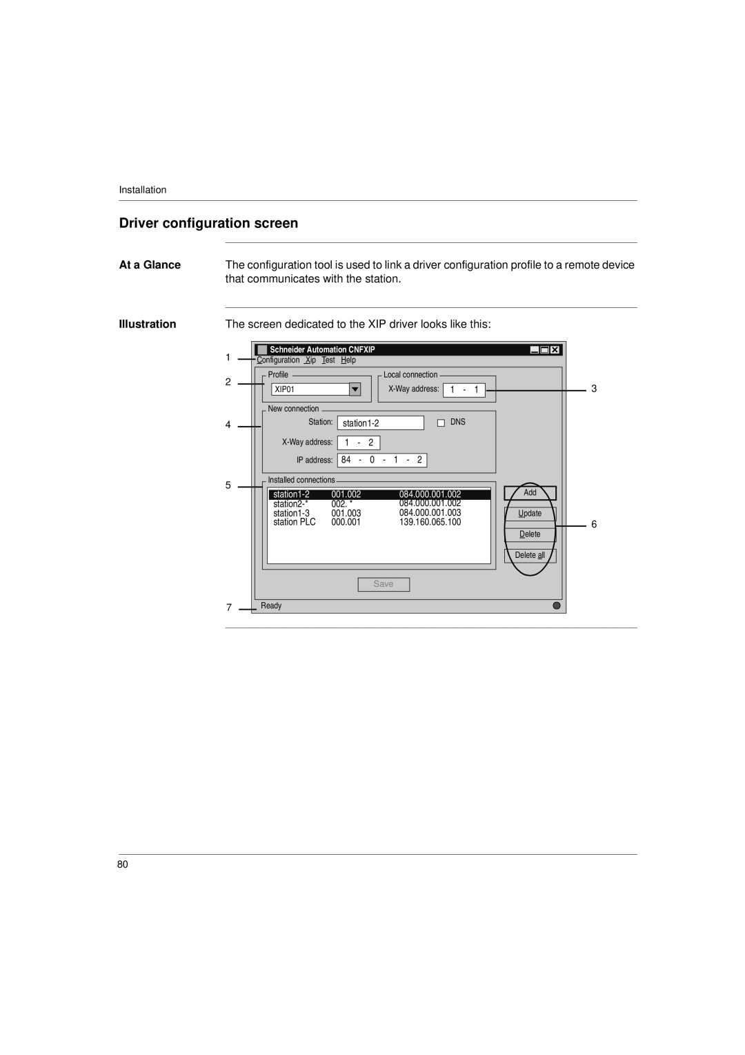 Schneider Electric Communication Drivers Driver configuration screen, That communicates with the station 