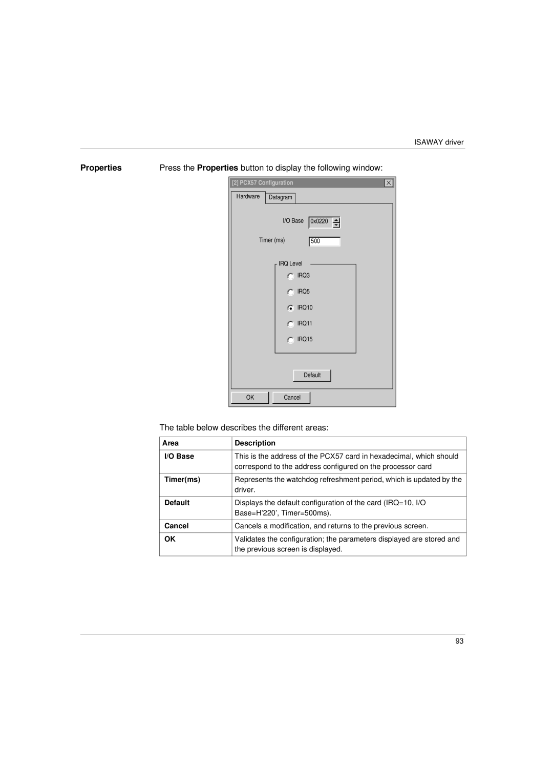 Schneider Electric Communication Drivers Properties, Table below describes the different areas, Area Description Base 