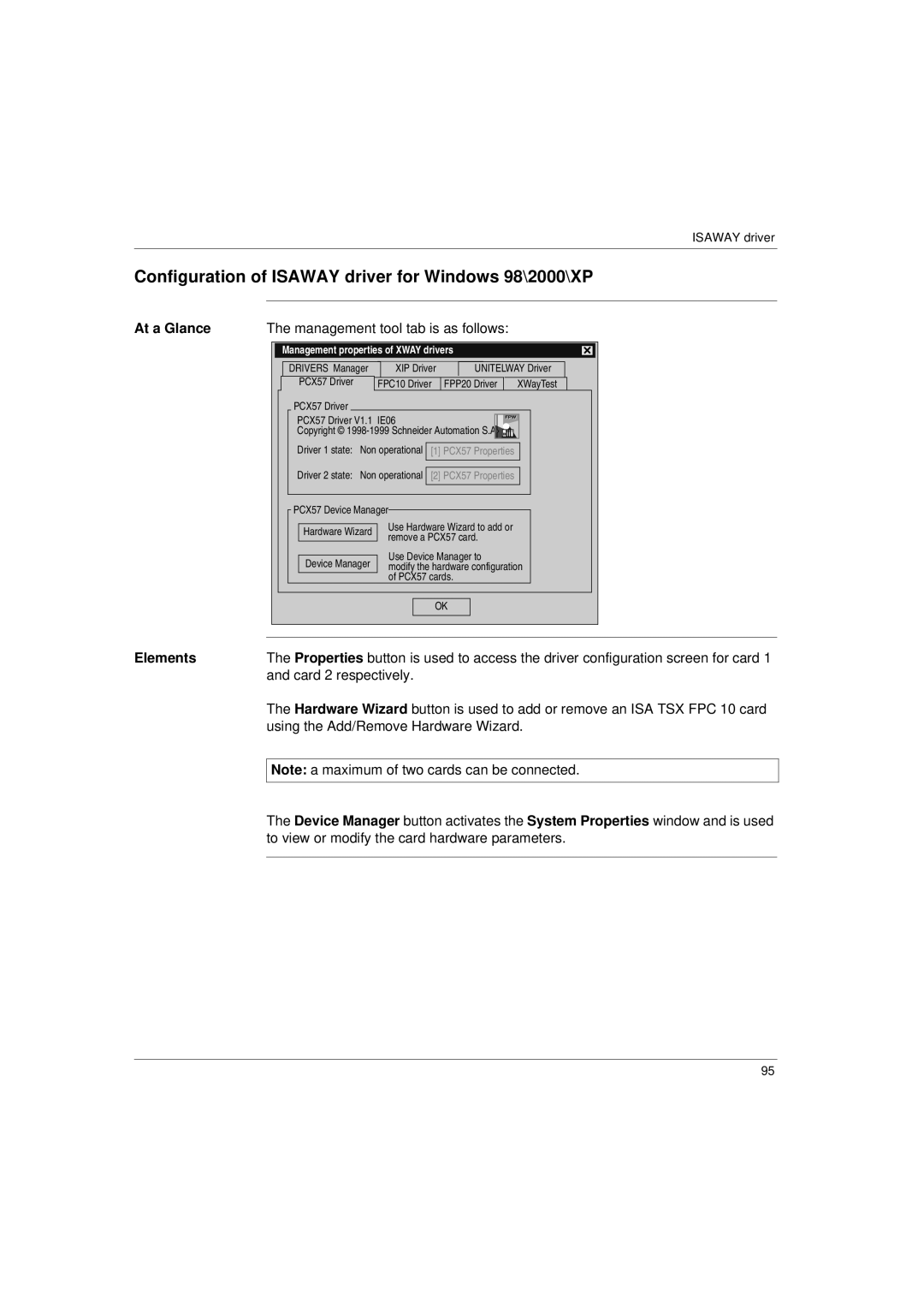 Schneider Electric Communication Drivers Configuration of Isaway driver for Windows 98\2000\XP, Elements 