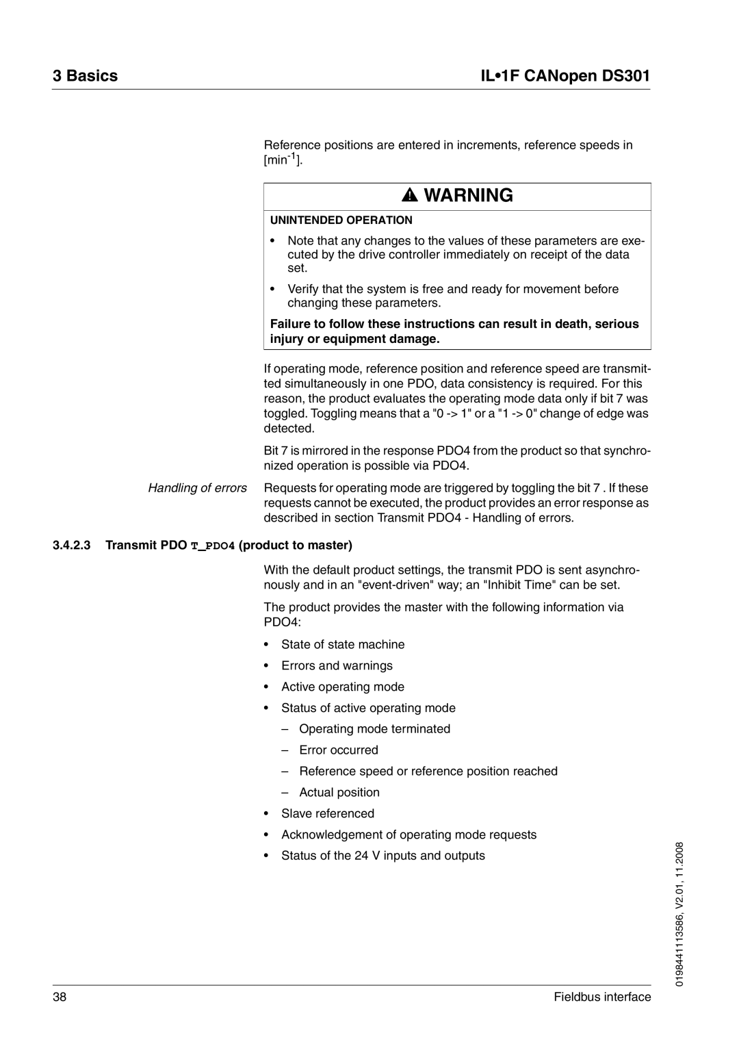 Schneider Electric DS301 manual @ Warning, Transmit PDO TPDO4 product to master 