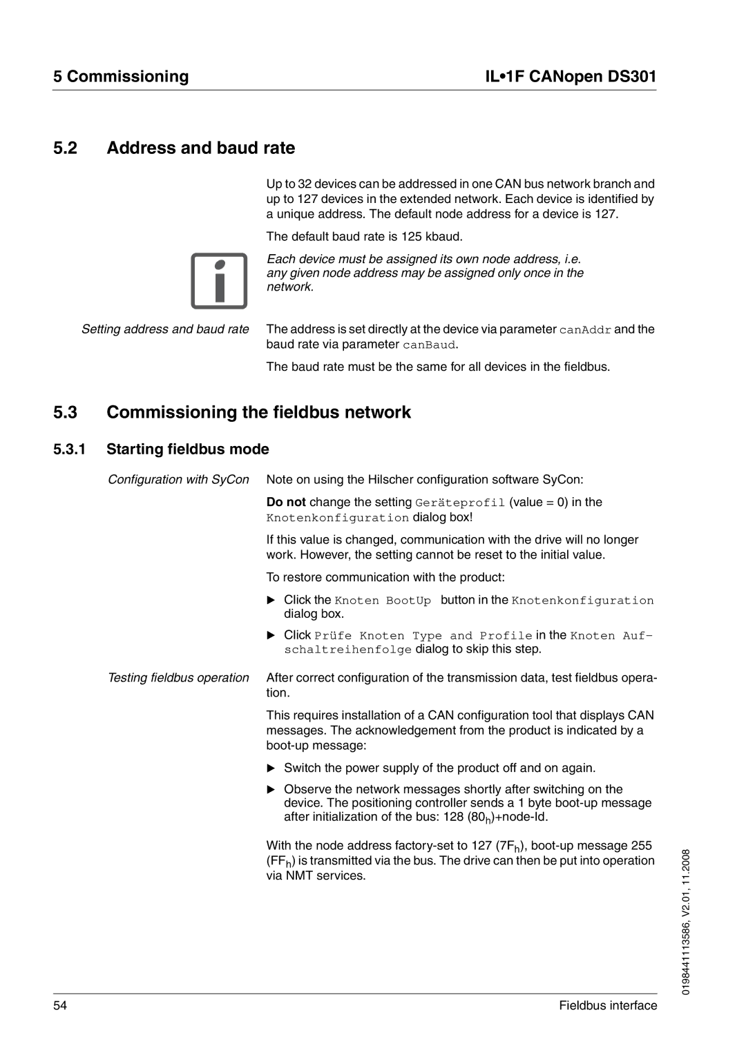 Schneider Electric DS301 manual Address and baud rate, Commissioning the fieldbus network, Starting fieldbus mode 