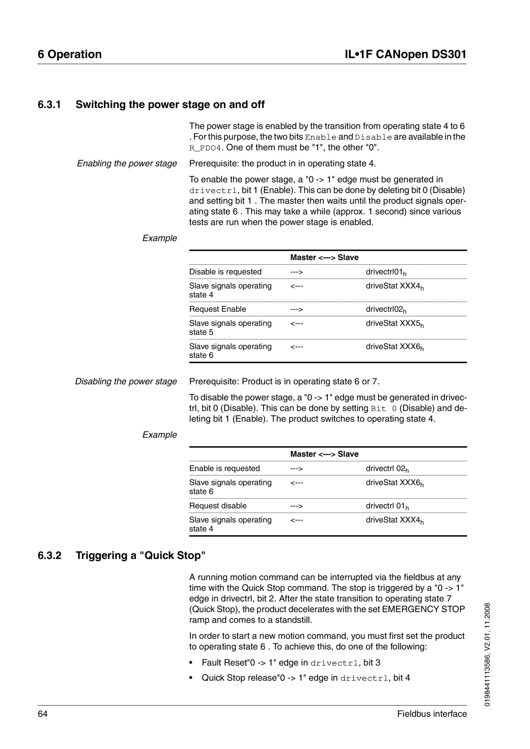 Schneider Electric DS301 manual Switching the power stage on and off, Triggering a Quick Stop, Example 