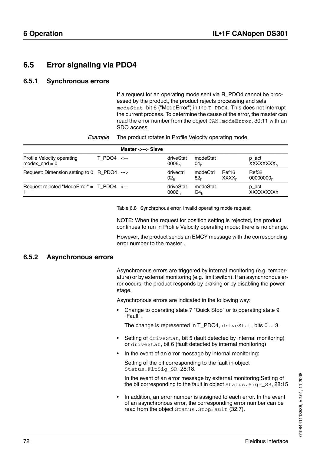 Schneider Electric DS301 manual Error signaling via PDO4, Asynchronous errors 