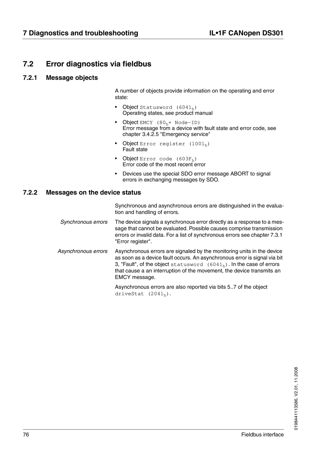 Schneider Electric DS301 manual Error diagnostics via fieldbus, Message objects, Messages on the device status 